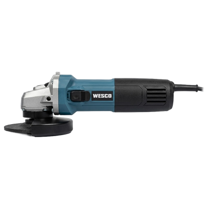 Amoladora Wesco WS4751.5 expuesta junto a su mango auxiliar roscado, carcasa protectora de seguridad y llave de apriete.