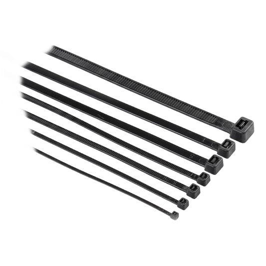 Pack de 100 bridas negras Ironside de $2,5 \times 100$ mm dispuestas de forma organizada.