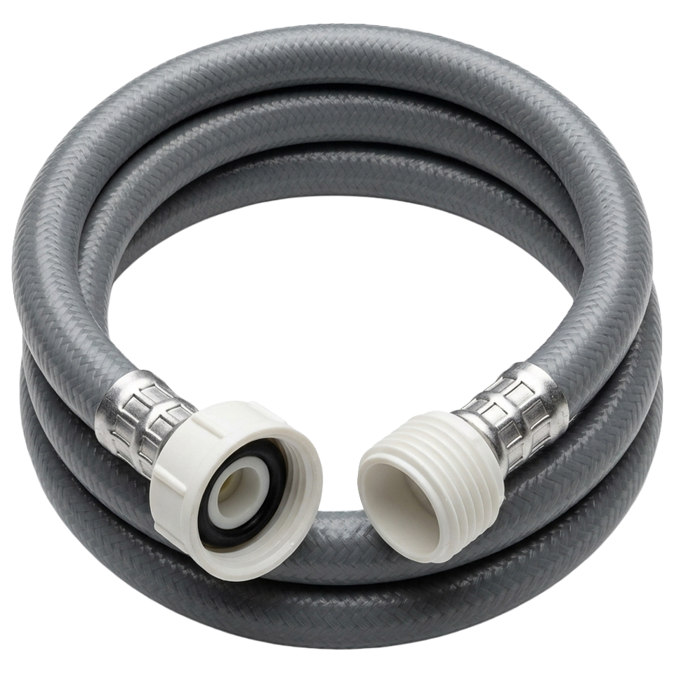 Manguera flexible de entrada de agua para lavadora marca H2O de 2 metros con tuercas de nailon de 3/4 pulgadas en ambos extremos.