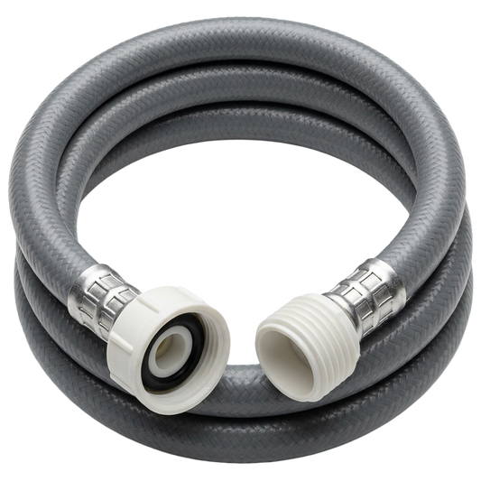 Manguera flexible de entrada de agua para lavadora marca H2O de 2 metros con tuercas de nailon de 3/4 pulgadas en ambos extremos.