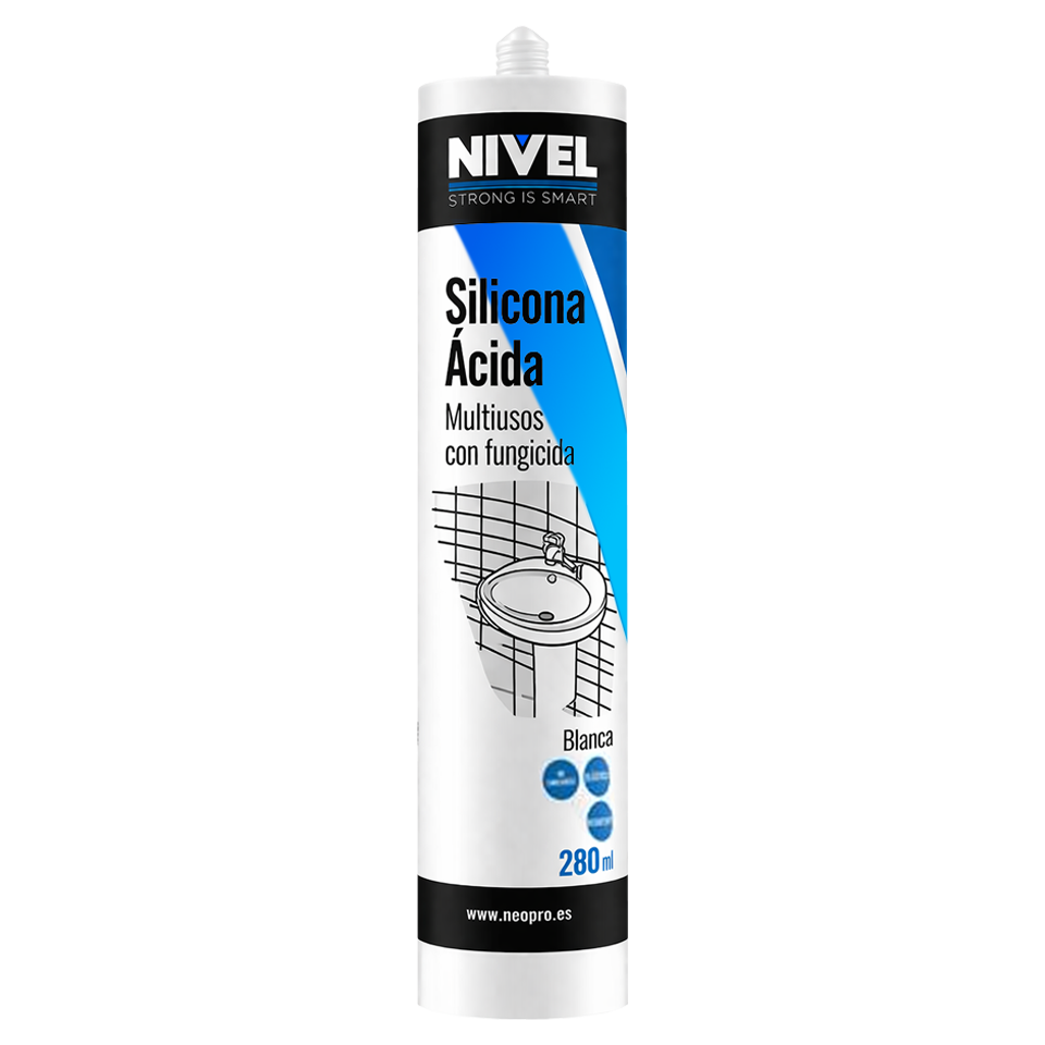 Bote de silicona ácida universal Nivel de 280ml, color blanco, con aplicador, destacando su protección fungicida y uso sanitario.