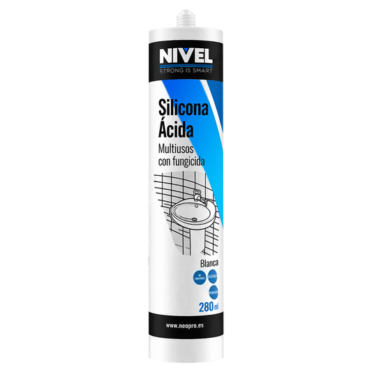 Bote de silicona ácida universal Nivel de 280ml, color blanco, con aplicador, destacando su protección fungicida y uso sanitario.