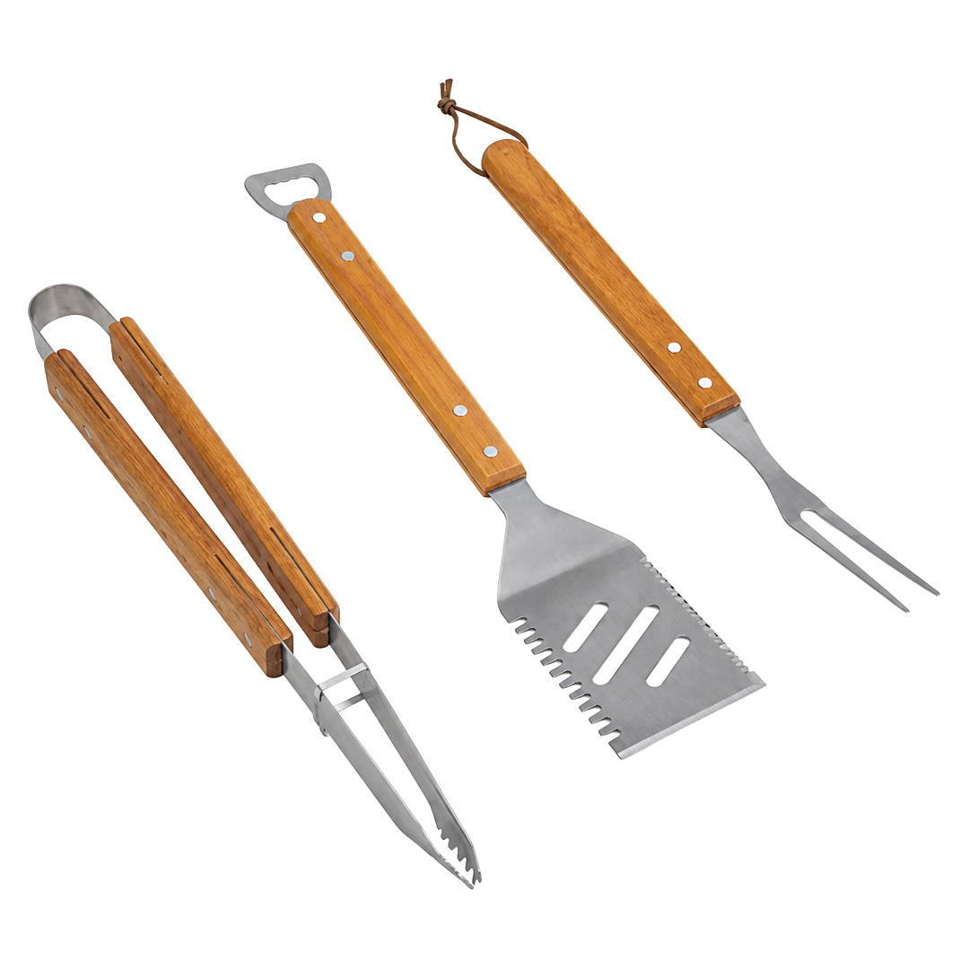 Set de accesorios para barbacoa Natuur de 3 piezas con mango de madera