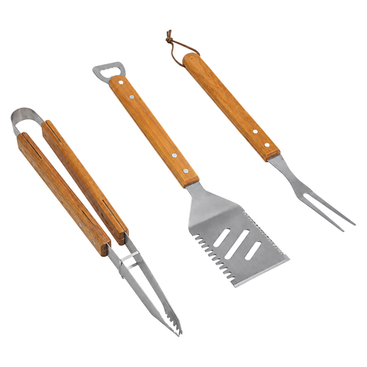 Set de accesorios para barbacoa Natuur de 3 piezas con mango de madera