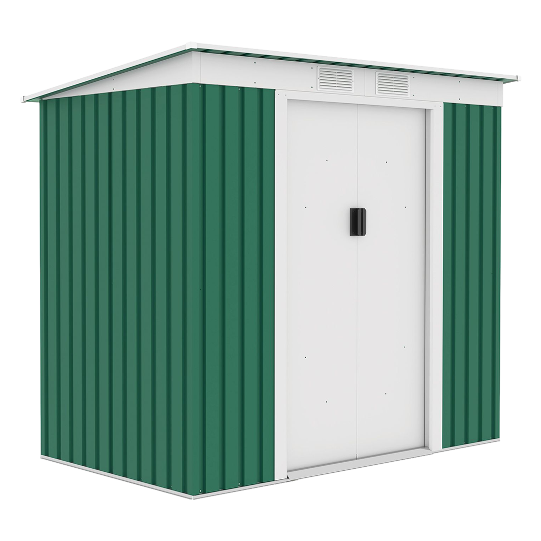 Caseta metalica de jardin Natuur de 2,43 m2 en color verde y blanco.