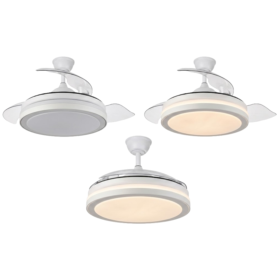 Descubre el Ventilador de Techo Retráctil Sonedas. Un plafón LED de 50cm que se convierte en un ventilador de 106cm. Con motor DC ultra silencioso, 6 velocidades y luz regulable en intensidad y tono. ¡Elegancia y frescor en una sola pieza!