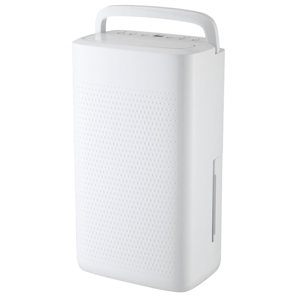 Deshumidificador blanco Sonedas con pantalla digital superior, diseño minimalista y ruedas para transporte.