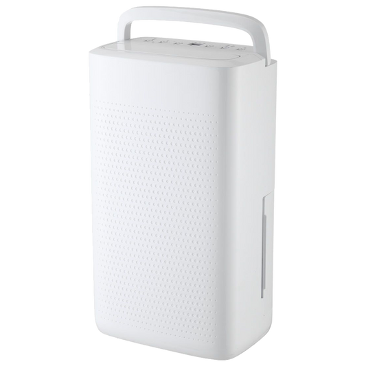 Deshumidificador blanco Sonedas con pantalla digital superior, diseño minimalista y ruedas para transporte.