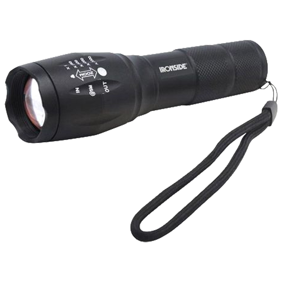 Detalle del cabezal de la linterna Ironside extendido, mostrando la lente LED de alta potencia de 400 lúmenes.