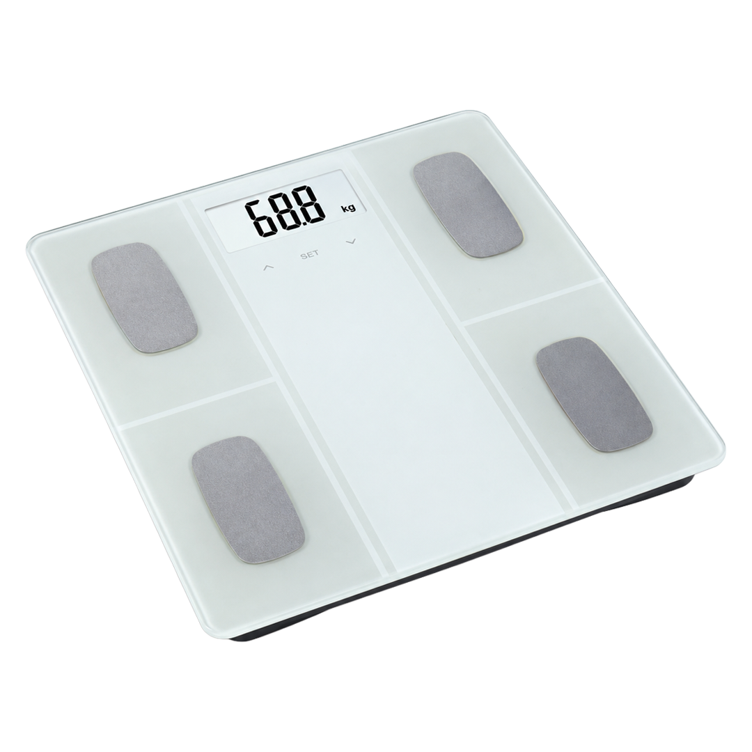 Bascula de baño digital con analisis de grasa corporal cristal blanca ref 23019040