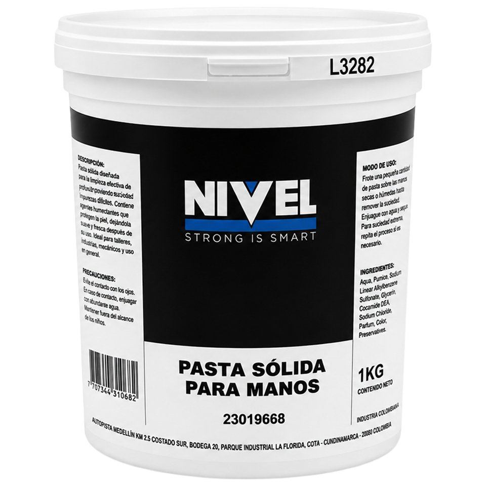 Bote de 1 litro de pasta sólida para manos Nivel, con tapa de cierre hermético y etiqueta de información técnica.