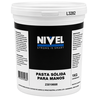 Bote de 1 litro de pasta sólida para manos Nivel, con tapa de cierre hermético y etiqueta de información técnica.