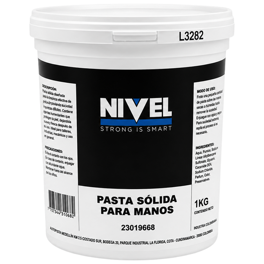 Bote de 1 litro de pasta sólida para manos Nivel, con tapa de cierre hermético y etiqueta de información técnica.