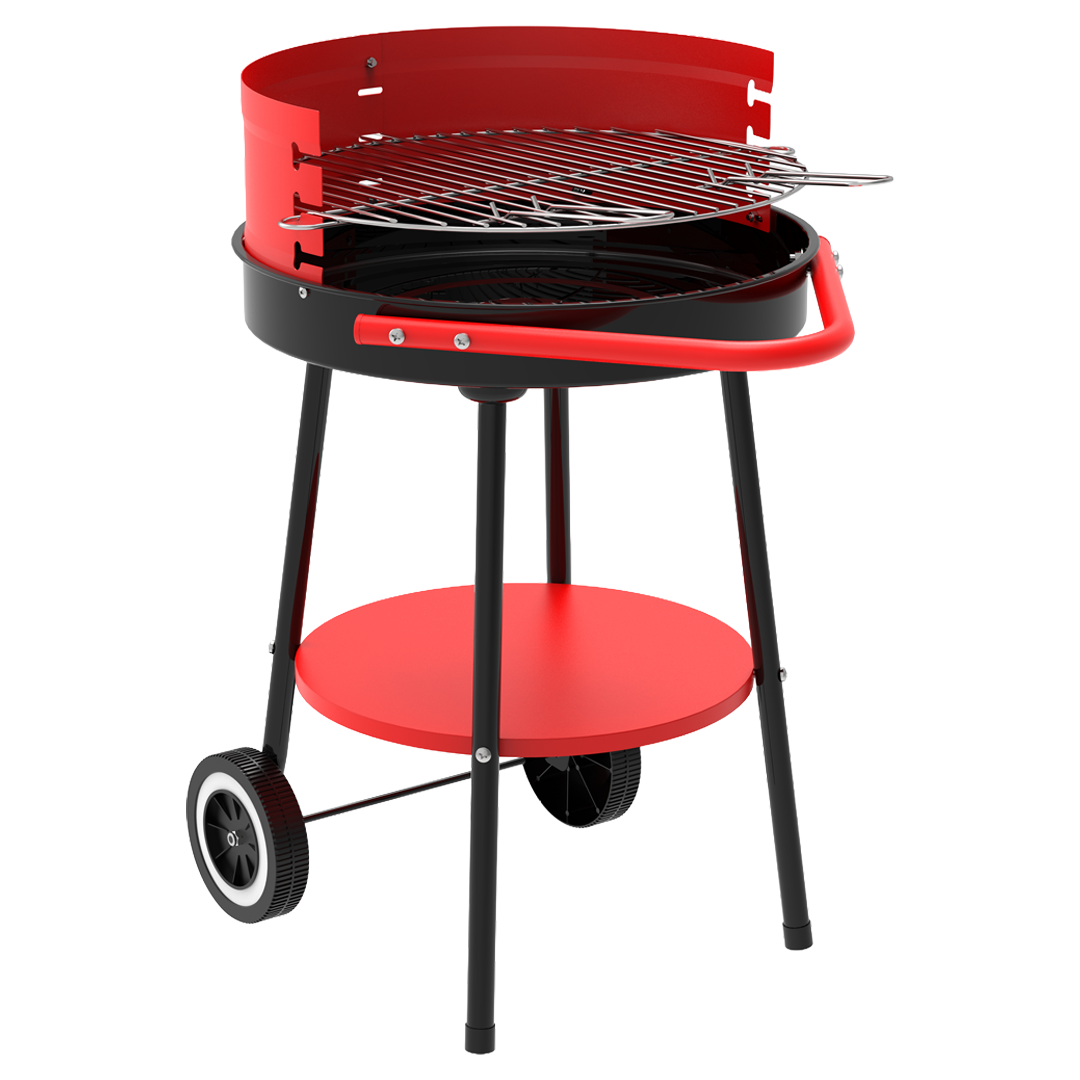 Barbacoa de carbon redonda Natuur de 61x50x72 cm con ruedas y pantalla paravientos regulable