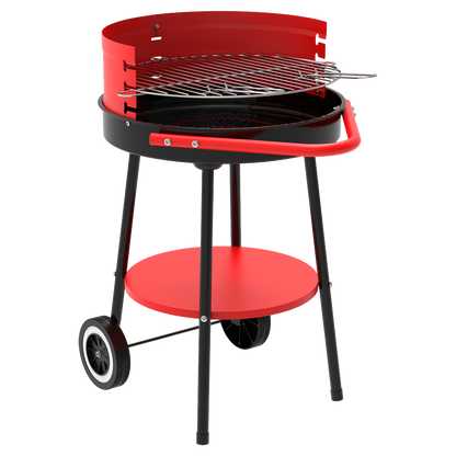 Barbacoa de carbon redonda Natuur de 61x50x72 cm con ruedas y pantalla paravientos regulable