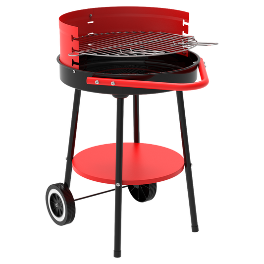 Barbacoa de carbon redonda Natuur de 61x50x72 cm con ruedas y pantalla paravientos regulable
