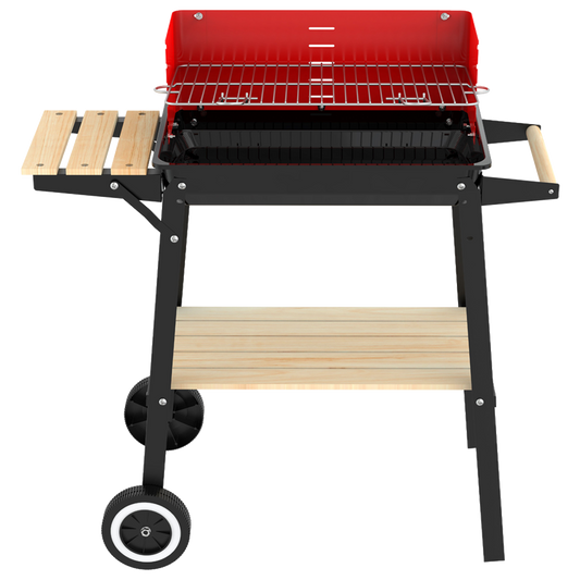 Vista lateral de la barbacoa metalica Natuur con altura ajustable y parrilla cromada.