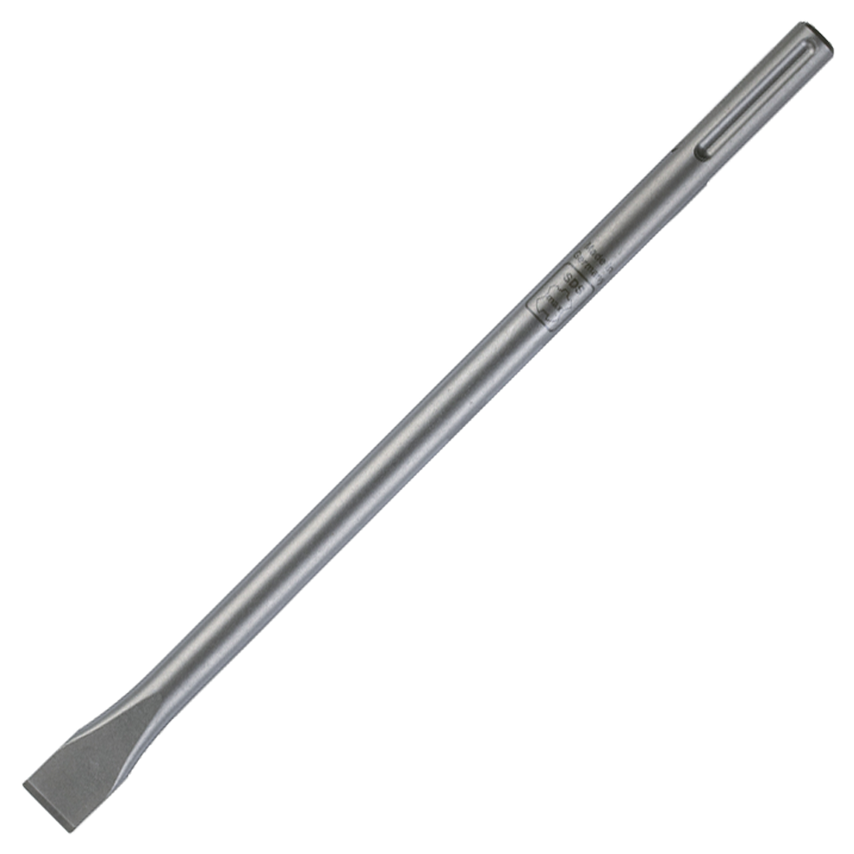 Primer plano de la punta plana de 25 mm del cincel Milwaukee, optimizada para el corte de hormigón.