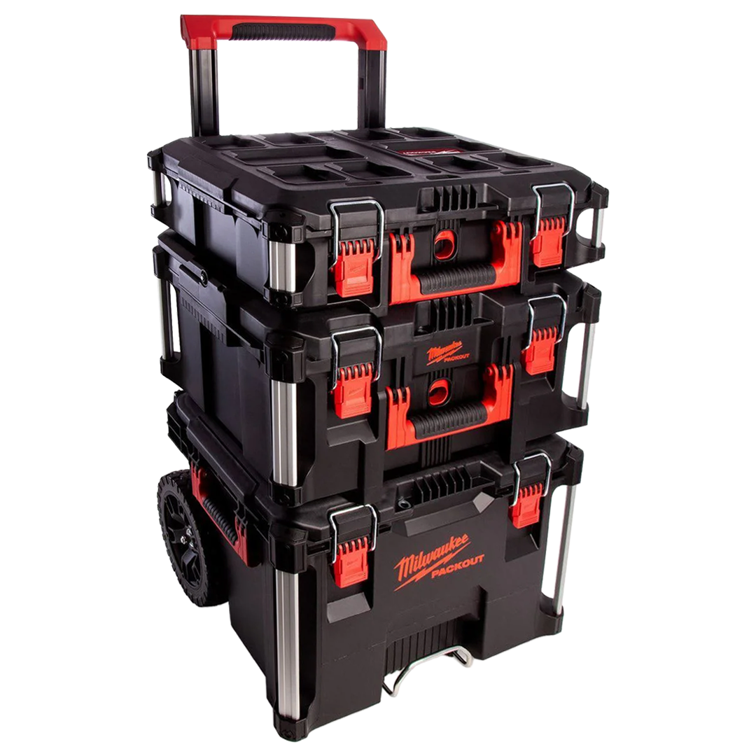 Set modular de almacenamiento Milwaukee PACKOUT para herramientas profesionales.