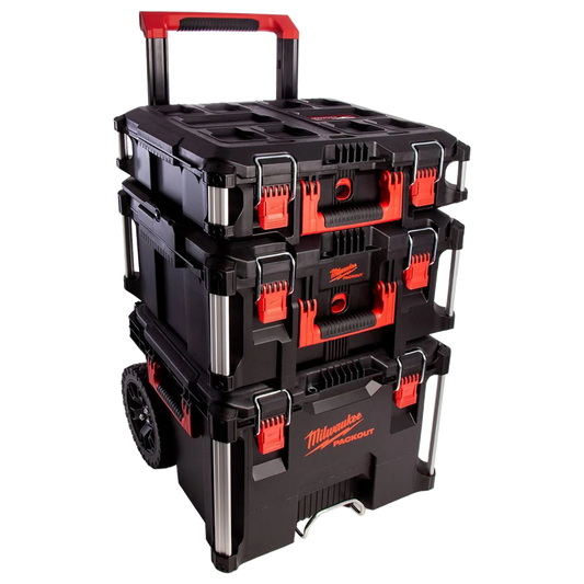 Set modular de almacenamiento Milwaukee PACKOUT para herramientas profesionales.