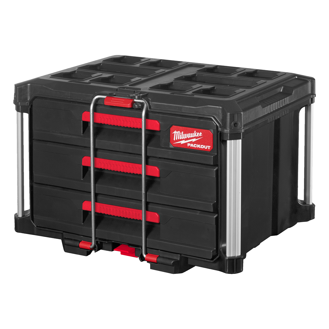 Detalle de guias de acero con rodamientos de bolas en cajonera Milwaukee PACKOUT.