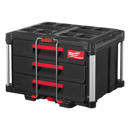 Detalle de guias de acero con rodamientos de bolas en cajonera Milwaukee PACKOUT.