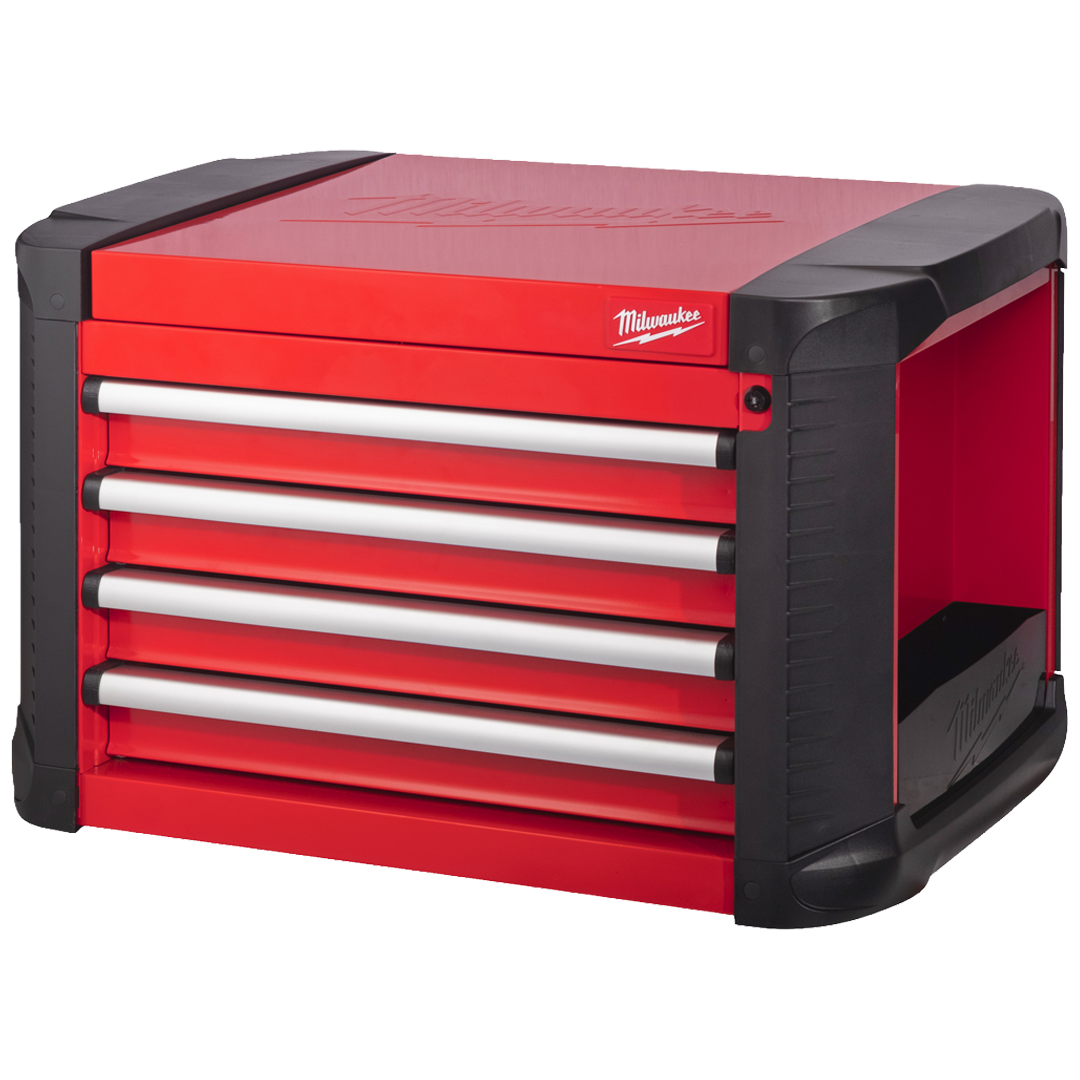 Vista lateral del cofre Milwaukee STC30-1 con paragolpes ABS y estante para botellas.