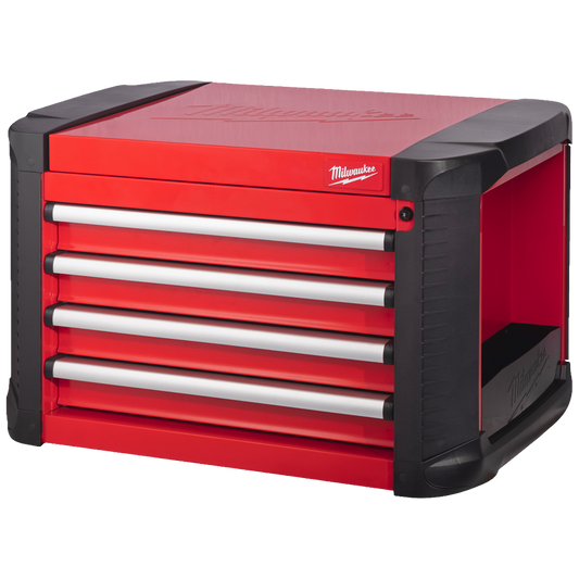 Vista lateral del cofre Milwaukee STC30-1 con paragolpes ABS y estante para botellas.