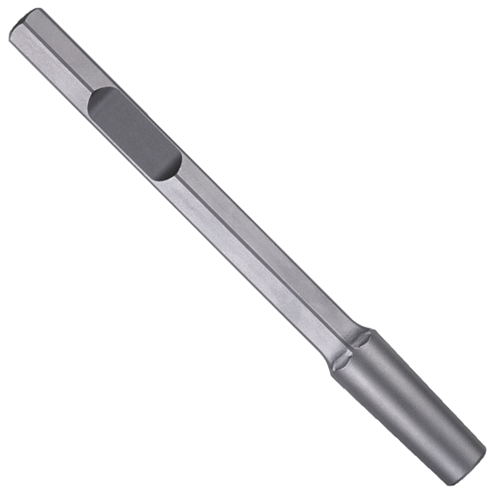 Vástago de acero Milwaukee de 28 mm HEX con punta cónica para accesorios de martillo demoledor.