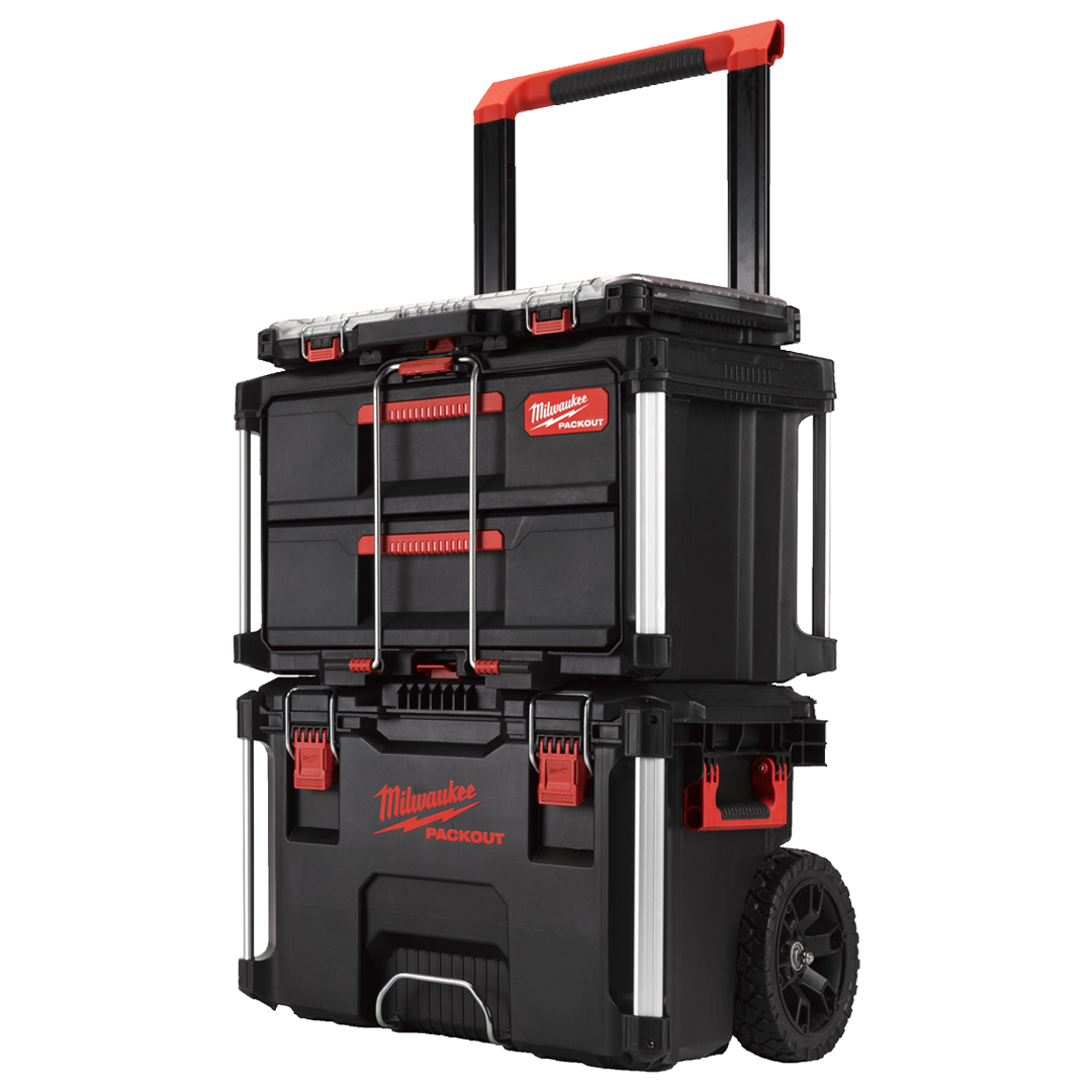 Kit de iniciacion Milwaukee PACKOUT con baul rodante cajonera y organizador slim.