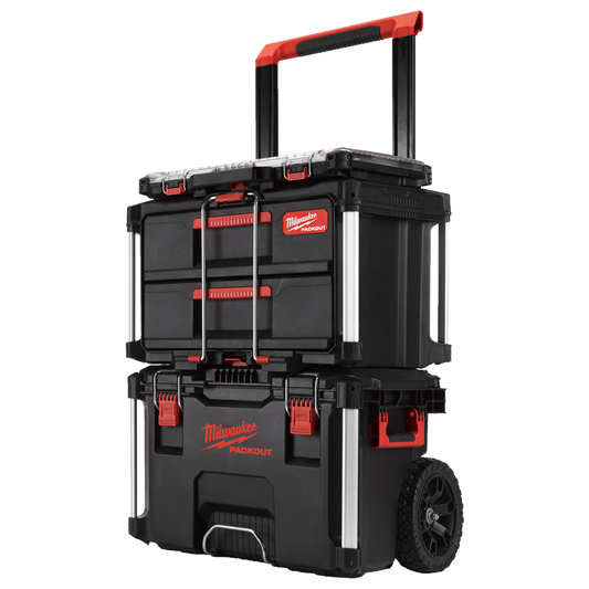 Kit de iniciacion Milwaukee PACKOUT con baul rodante cajonera y organizador slim.