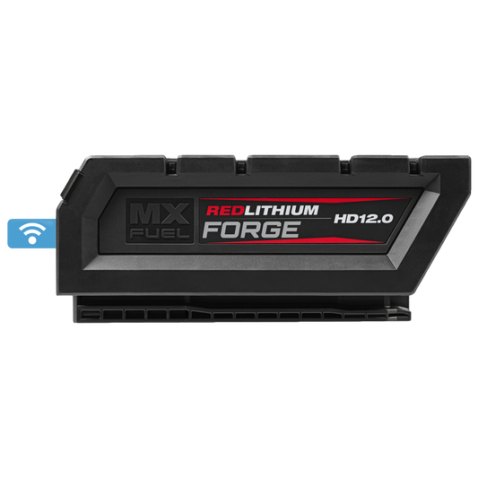 Vista lateral de la bateria Milwaukee MX FUEL 12Ah con asa de transporte y proteccion de goma.