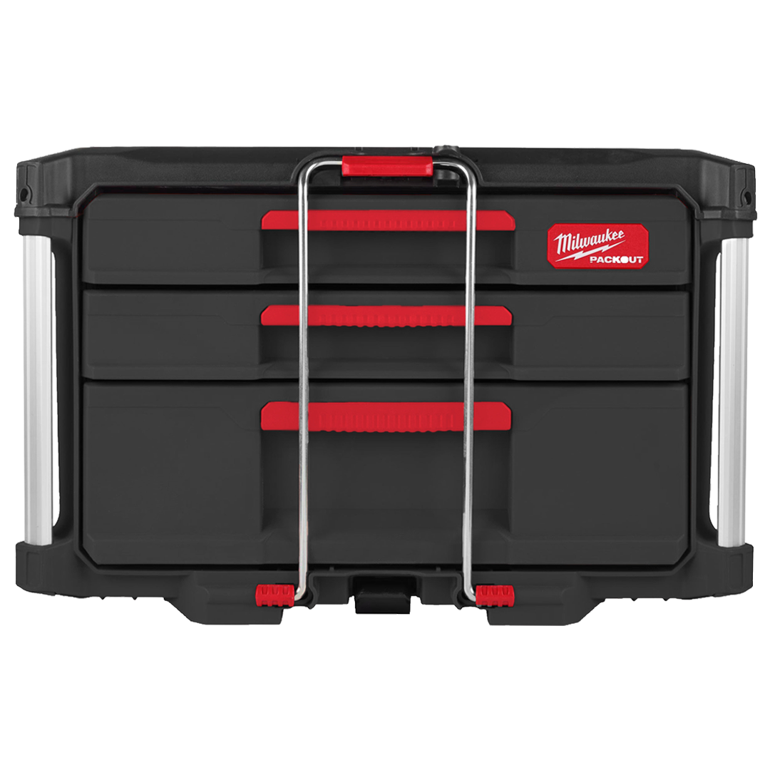 Vista frontal de la caja de cajones PACKOUT con barra de seguridad.