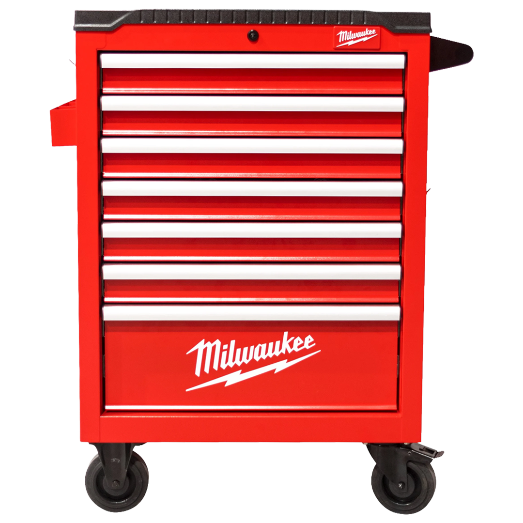 Cajonera de taller Milwaukee con sistema antivuelco y ruedas de 125mm.