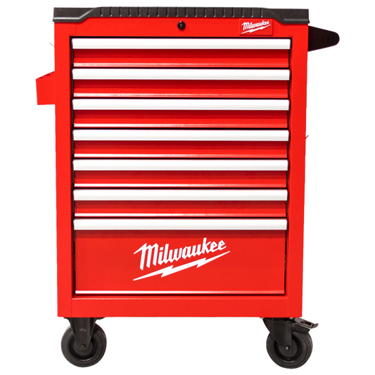 Cajonera de taller Milwaukee con sistema antivuelco y ruedas de 125mm.