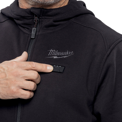 Control de temperatura y compartimento para bateria en sudadera laboral Milwaukee M12.
