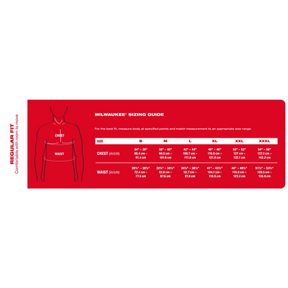 Guía de tallas de la sudadera calefactada Milwaukee M12 HHBL5 negra con tecnologia HEXON HEAT.