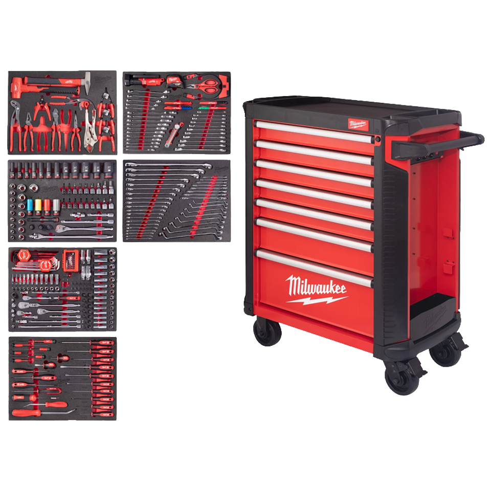 Interior de cajones del carro TOOLGUARD con insertos de espuma y herramientas organizadas