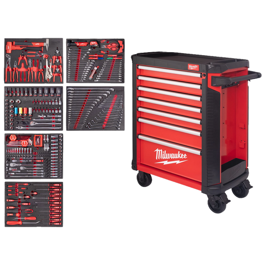 Interior de cajones del carro TOOLGUARD con insertos de espuma y herramientas organizadas