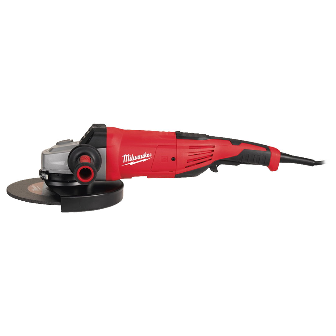 Vista lateral de la amoladora industrial Milwaukee de 230 mm.
