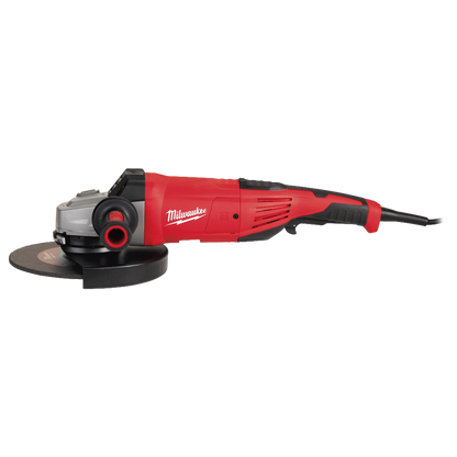 Vista lateral de la amoladora industrial Milwaukee de 230 mm.