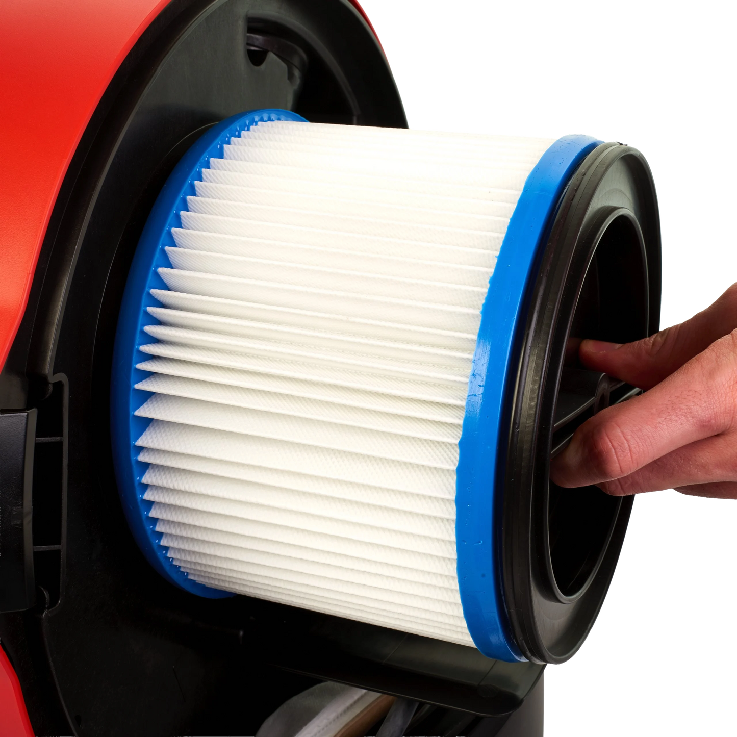 Detalle del filtro PET lavable y sistema de limpieza de aspirador industrial
