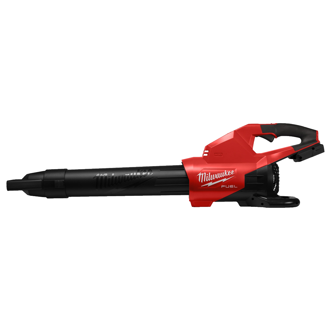 Detalle de la empunadura auxiliar y gatillo variable del soplador Milwaukee