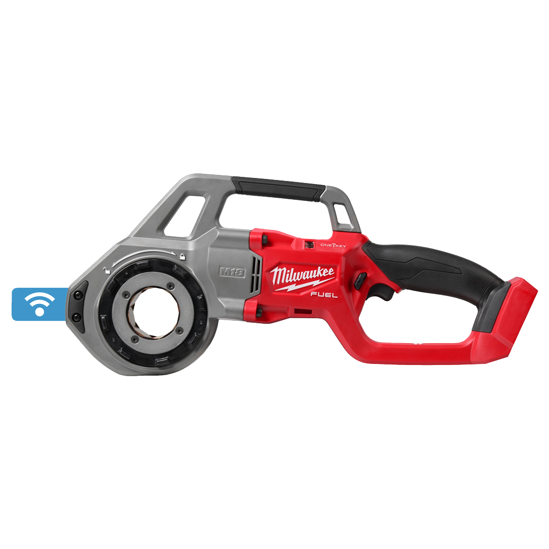 Roscadora de tubos a bateria Milwaukee M18 FPT114-0C con brazo soporte y kitbox.
