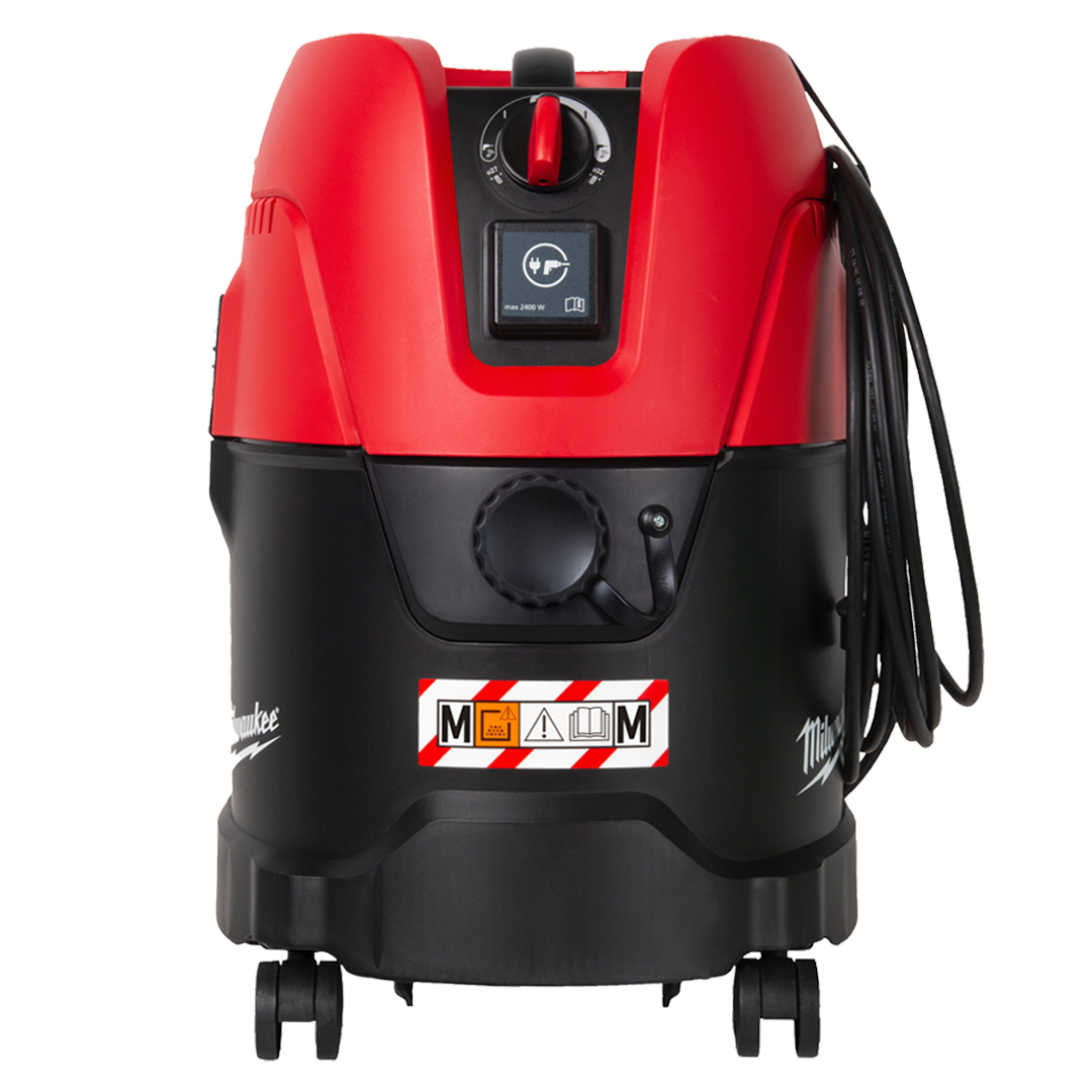 Vista lateral del aspirador industrial Milwaukee con depósito de 25L.
