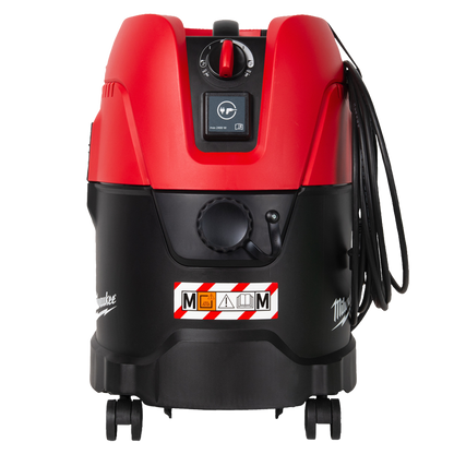 Vista lateral del aspirador industrial Milwaukee con depósito de 25L.