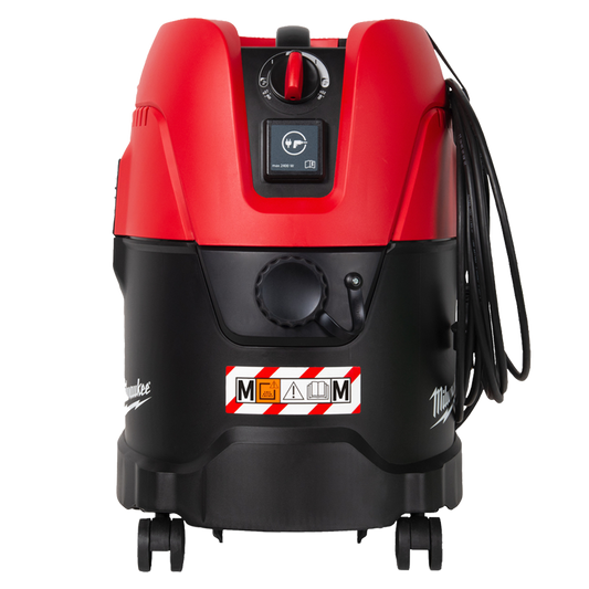 Vista lateral del aspirador industrial Milwaukee con depósito de 25L.