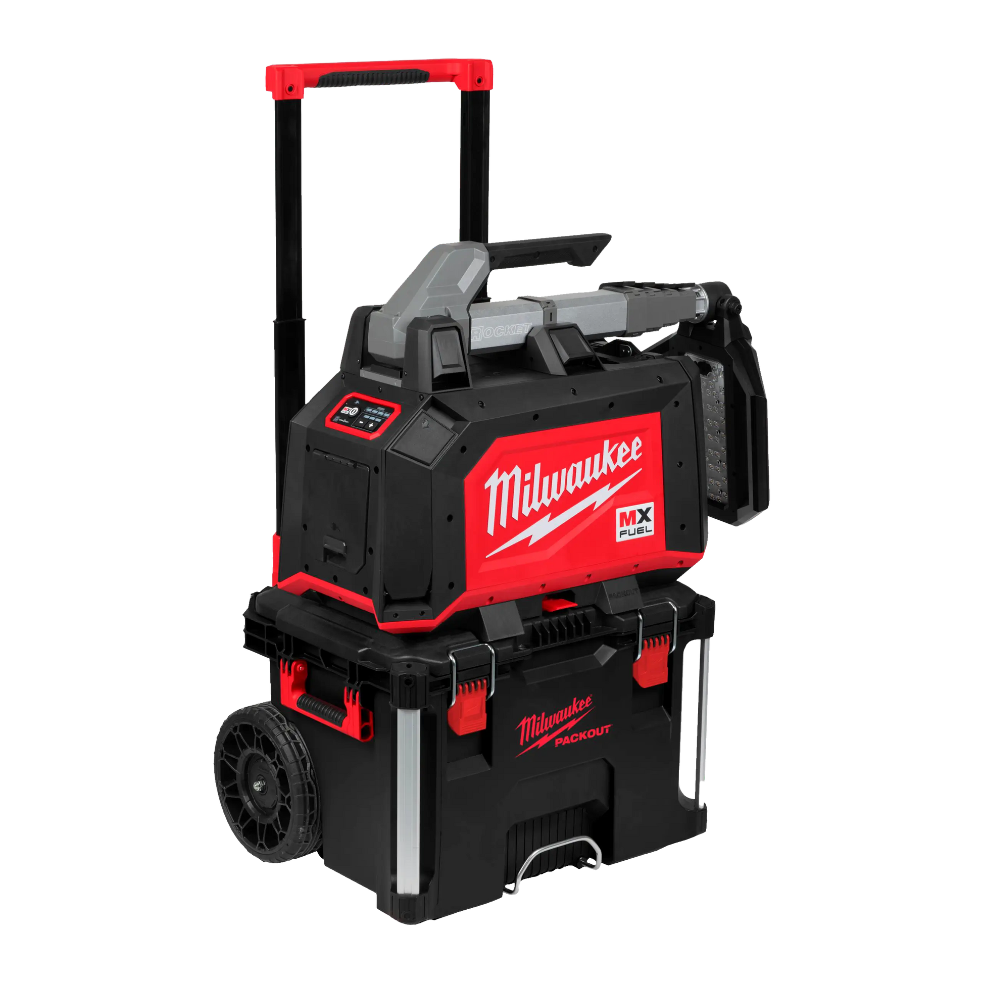 Torre de iluminación compacta MX FUEL apilada y fijada sobre cajas de herramientas PACKOUT