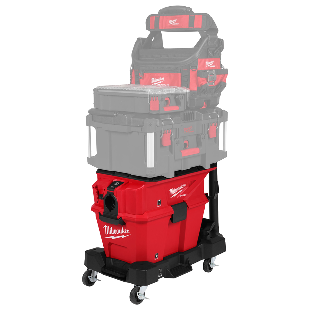 Aspirador Milwaukee M18 FUEL con base superior PACKOUT para cargar cajas de herramientas.