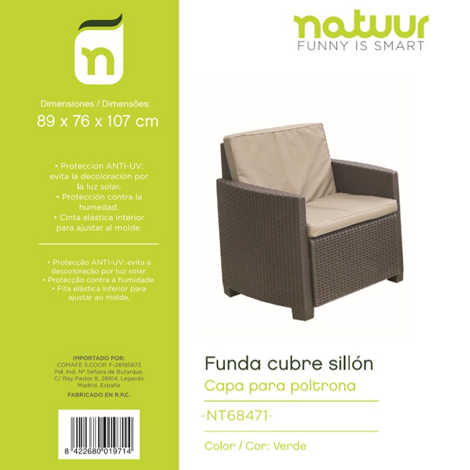Funda protectora cubre sillón NATUUR 89x76x107 cm en PVC verde con protección UV y cinta elástica, ideal para muebles de jardín exterior.